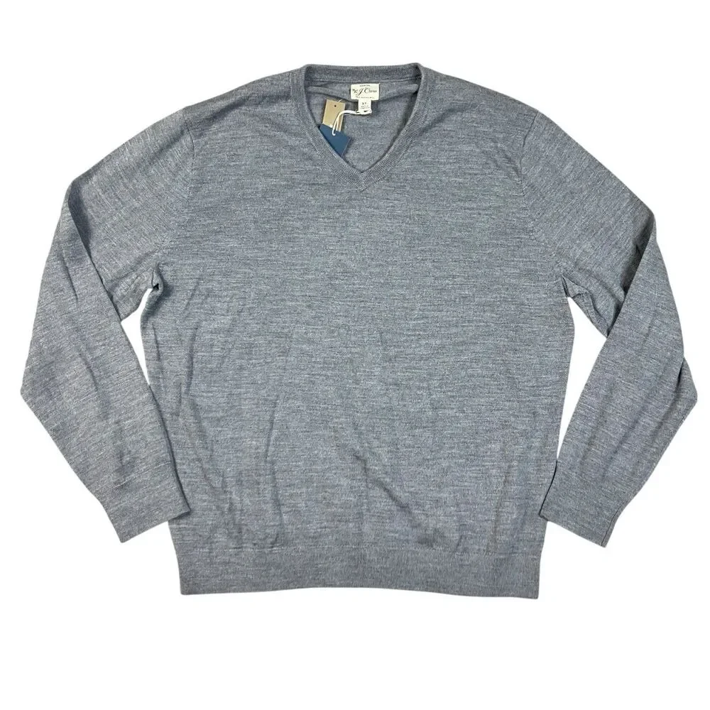 J Crew V Neck Sweater Mens XL 100% Merino Wool Gray Lightweight Preppy AD337